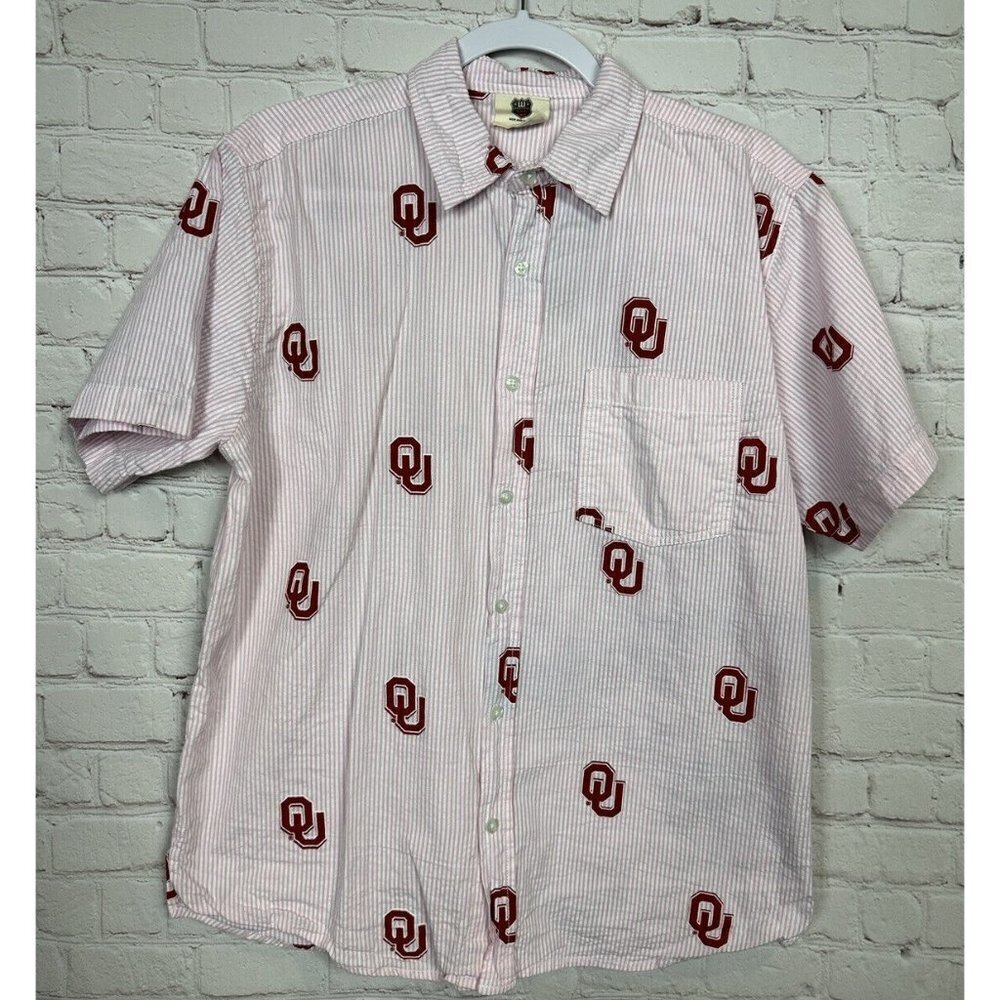 Wes & Willy pink striped seersucker short sleeve OU Oklahoma Sooners shirt, sz S